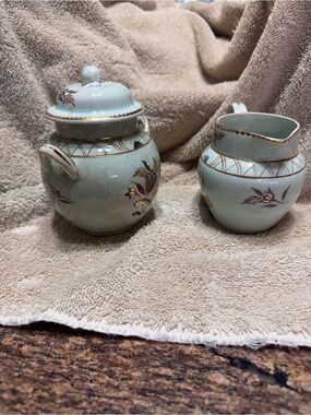 Regent Calyx Ware Green Porcelain Sugar Bowl and Creamer Set with Gold Accents
